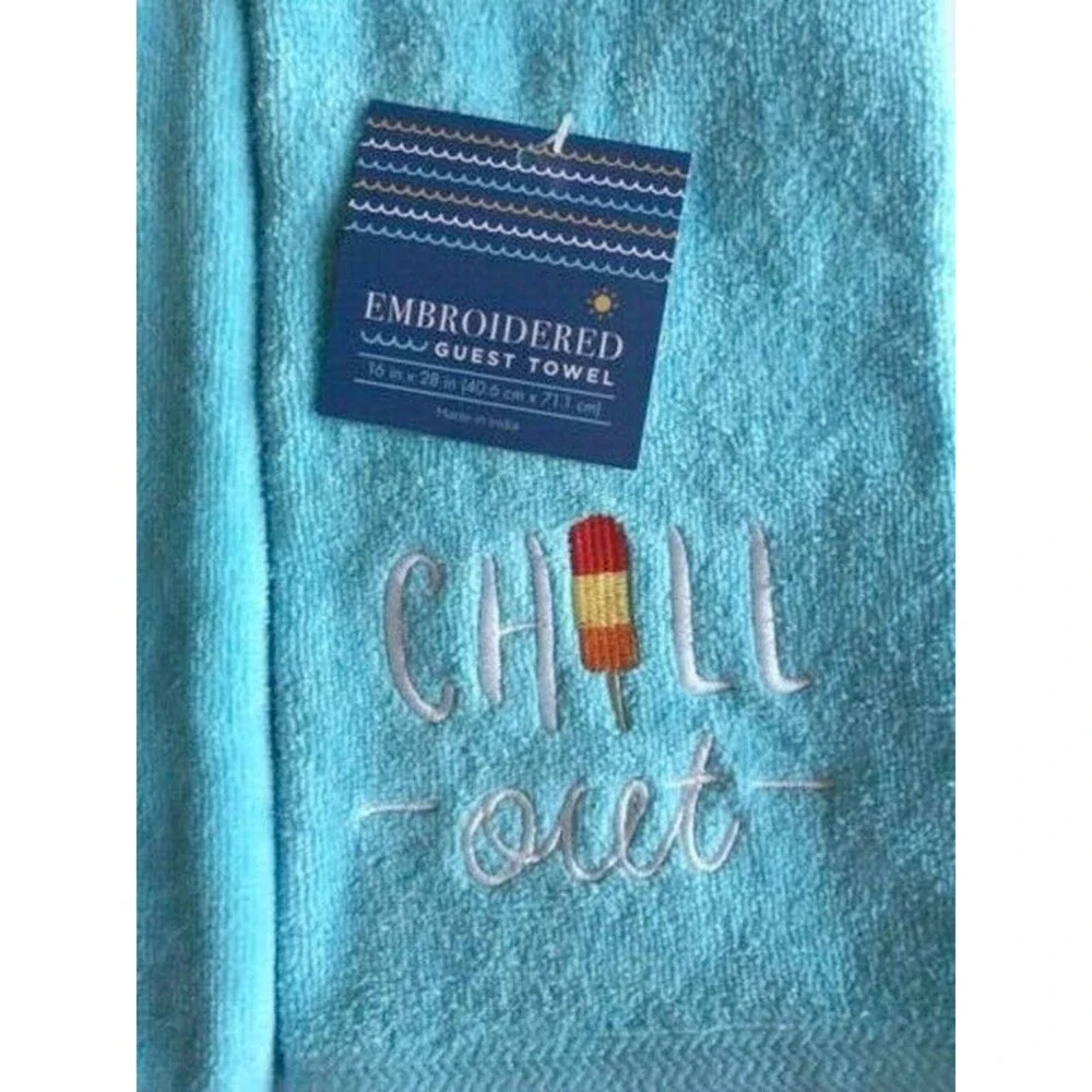 Chill Out Hand Towels Embroidered Summer Beach House Guest Blue Set of 2